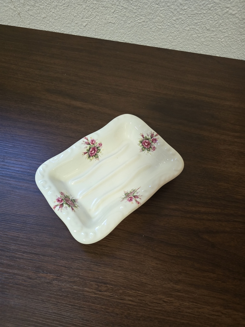 Vintage Athena Cream Ceramic Soap Dish with Pink Rose Decals